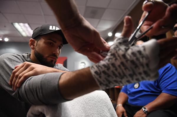 LAS VEGAS, NV - APRIL 21: Enrique Marin gets his hands wrapped before facing Hector Aldana in the semi-finals during the filming of The Ultimate Fighter Latin America: Team Gastelum vs Team Escudero on April 21, 2015 in Las Vegas, Nevada. (Photo by Bran