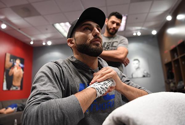 LAS VEGAS, NV - APRIL 21: Enrique Marin gets his hands wrapped before facing Hector Aldana in the semi-finals during the filming of The Ultimate Fighter Latin America: Team Gastelum vs Team Escudero on April 21, 2015 in Las Vegas, Nevada. (Photo by Bran