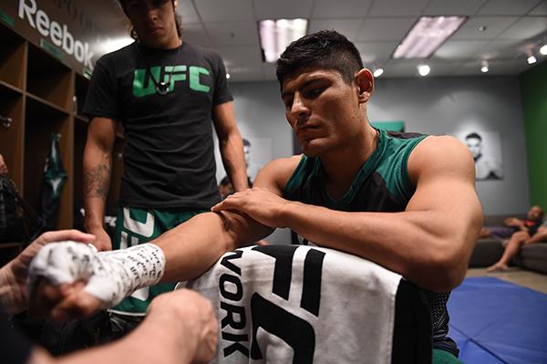 LAS VEGAS, NV - APRIL 21: Hector Aldana gets his hands wrapped before facing Enrique Marin in the semi-finals during the filming of The Ultimate Fighter Latin America: Team Gastelum vs Team Escudero on April 21, 2015 in Las Vegas, Nevada. (Photo by Bran