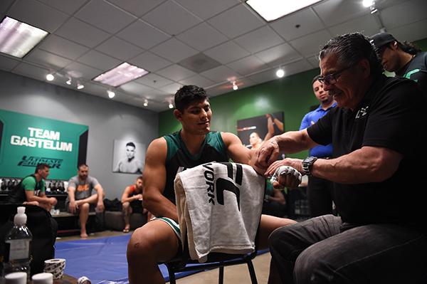 LAS VEGAS, NV - APRIL 21: Hector Aldana gets his hands wrapped before facing Enrique Marin in the semi-finals during the filming of The Ultimate Fighter Latin America: Team Gastelum vs Team Escudero on April 21, 2015 in Las Vegas, Nevada. (Photo by Bran