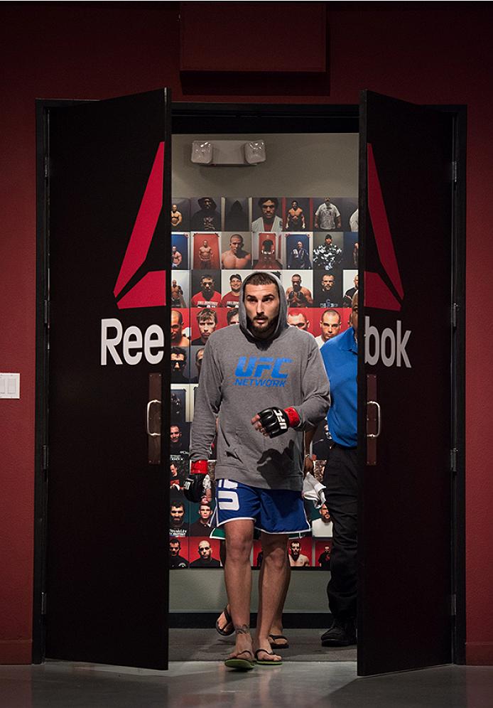 LAS VEGAS, NV - APRIL 21: Enrique Marin prepares to enter the Octagon before facing Hector Aldana in the semi-finals during the filming of The Ultimate Fighter Latin America: Team Gastelum vs Team Escudero on April 21, 2015 in Las Vegas, Nevada. (Photo