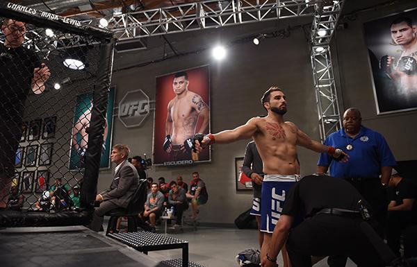 LAS VEGAS, NV - APRIL 21: Enrique Marin prepares to enter the Octagon before facing Hector Aldana in the semi-finals during the filming of The Ultimate Fighter Latin America: Team Gastelum vs Team Escudero on April 21, 2015 in Las Vegas, Nevada. (Photo