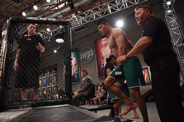 LAS VEGAS, NV - APRIL 21: Hector Aldana prepares to enter the Octagon before facing Enrique Marin in the semi-finals during the filming of The Ultimate Fighter Latin America: Team Gastelum vs Team Escudero on April 21, 2015 in Las Vegas, Nevada. (Photo