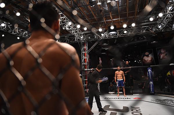 LAS VEGAS, NV - APRIL 21: (L-R) Hector Aldana stands in the Octagon across from Enrique Marin in the semi-finals during the filming of The Ultimate Fighter Latin America: Team Gastelum vs Team Escudero on April 21, 2015 in Las Vegas, Nevada. (Photo by B