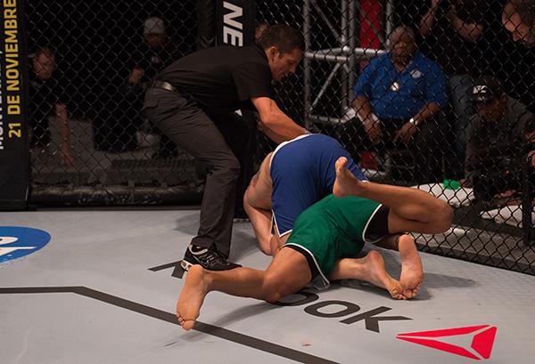 LAS VEGAS, NV - APRIL 21: Enrique Marin (top) submits Hector Aldana in the semi-finals during the filming of The Ultimate Fighter Latin America: Team Gastelum vs Team Escudero on April 21, 2015 in Las Vegas, Nevada. (Photo by Brandon Magnus/Zuffa LLC/Zu