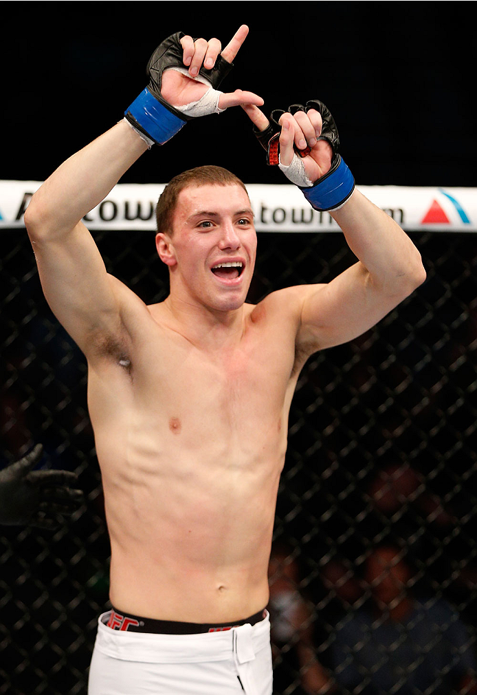 BOSTON, MA - AUGUST 17:  James Vick reacts after his submission victory over Ramsey Nijem in their UFC lightweight bout at TD Garden on August 17, 2013 in Boston, Massachusetts. (Photo by Josh Hedges/Zuffa LLC/Zuffa LLC via Getty Images)