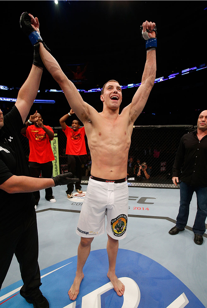 BOSTON, MA - AUGUST 17:  James Vick reacts after his submission victory over Ramsey Nijem in their UFC lightweight bout at TD Garden on August 17, 2013 in Boston, Massachusetts. (Photo by Josh Hedges/Zuffa LLC/Zuffa LLC via Getty Images)