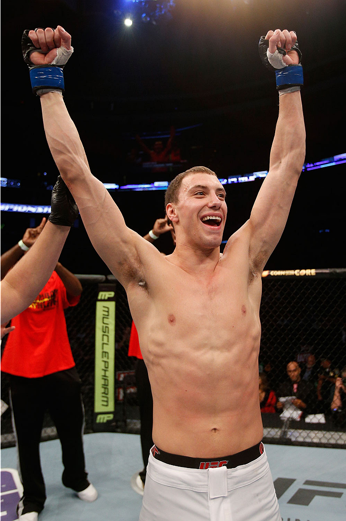 BOSTON, MA - AUGUST 17:  James Vick reacts after his submission victory over Ramsey Nijem in their UFC lightweight bout at TD Garden on August 17, 2013 in Boston, Massachusetts. (Photo by Josh Hedges/Zuffa LLC/Zuffa LLC via Getty Images)