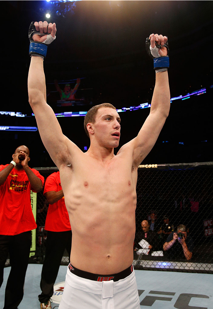 BOSTON, MA - AUGUST 17:  James Vick reacts after his submission victory over Ramsey Nijem in their UFC lightweight bout at TD Garden on August 17, 2013 in Boston, Massachusetts. (Photo by Josh Hedges/Zuffa LLC/Zuffa LLC via Getty Images)