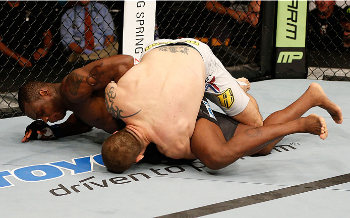 BOSTON, MA - AUGUST 17:  (L-R) Ovince Saint Preux reverses Cody Donovan after a takedown in their UFC light heavyweight bout at TD Garden on August 17, 2013 in Boston, Massachusetts. (Photo by Josh Hedges/Zuffa LLC/Zuffa LLC via Getty Images)