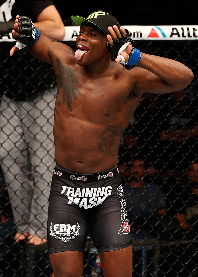 BOSTON, MA - AUGUST 17:  Ovince Saint Preux reacts after his TKO victory over Cody Donovan in their UFC light heavyweight bout at TD Garden on August 17, 2013 in Boston, Massachusetts. (Photo by Josh Hedges/Zuffa LLC/Zuffa LLC via Getty Images)