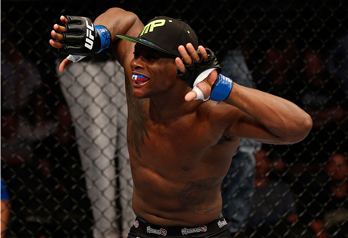 BOSTON, MA - AUGUST 17:  Ovince Saint Preux reacts after his TKO victory over Cody Donovan in their UFC light heavyweight bout at TD Garden on August 17, 2013 in Boston, Massachusetts. (Photo by Josh Hedges/Zuffa LLC/Zuffa LLC via Getty Images)