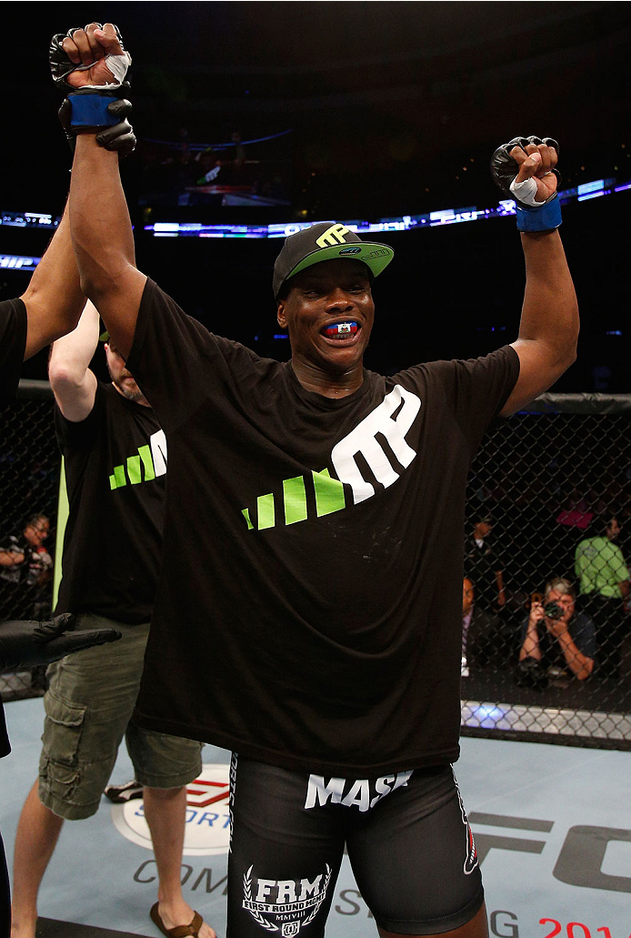 BOSTON, MA - AUGUST 17:  Ovince Saint Preux reacts after his TKO victory over Cody Donovan in their UFC light heavyweight bout at TD Garden on August 17, 2013 in Boston, Massachusetts. (Photo by Josh Hedges/Zuffa LLC/Zuffa LLC via Getty Images)