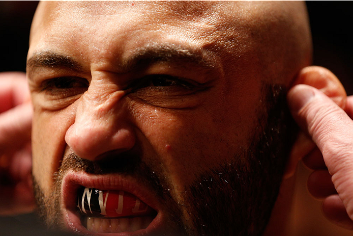 BOSTON, MA - AUGUST 17:  Manny Gamburyan prepares to enter the Octagon before his UFC featherweight bout at TD Garden on August 17, 2013 in Boston, Massachusetts. (Photo by Josh Hedges/Zuffa LLC/Zuffa LLC via Getty Images)