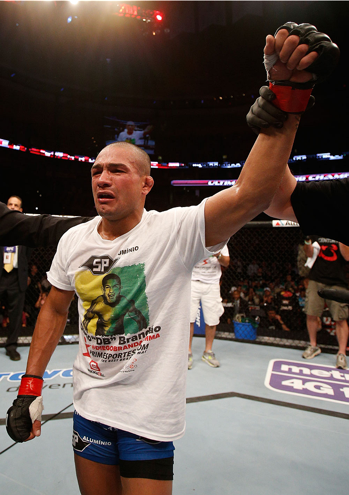 BOSTON, MA - AUGUST 17:  Diego Brandao reacts after his decision victory over Daniel Pineda in their UFC featherweight bout at TD Garden on August 17, 2013 in Boston, Massachusetts. (Photo by Josh Hedges/Zuffa LLC/Zuffa LLC via Getty Images)