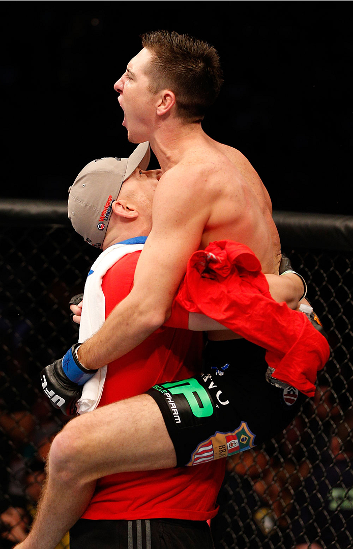 BOSTON, MA - AUGUST 17:  Steven Siler reacts after his knockout victory over Mike Brown in their UFC featherweight bout at TD Garden on August 17, 2013 in Boston, Massachusetts. (Photo by Josh Hedges/Zuffa LLC/Zuffa LLC via Getty Images)