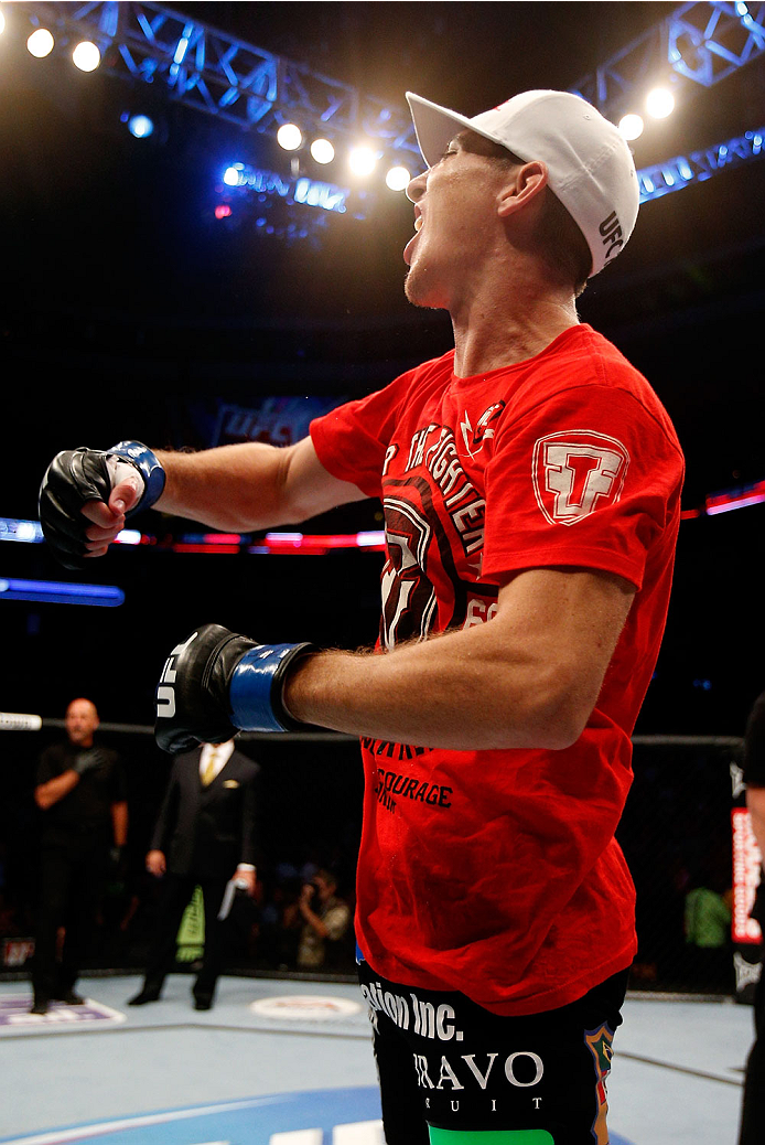 BOSTON, MA - AUGUST 17:  Steven Siler reacts after his knockout victory over Mike Brown in their UFC featherweight bout at TD Garden on August 17, 2013 in Boston, Massachusetts. (Photo by Josh Hedges/Zuffa LLC/Zuffa LLC via Getty Images)