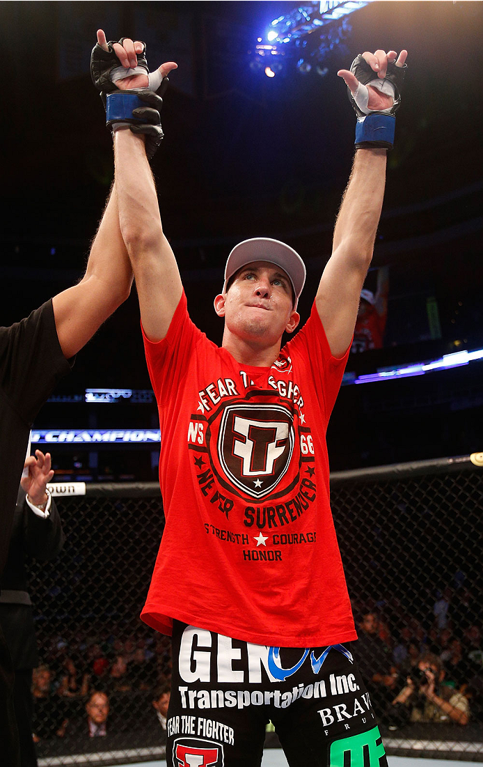 BOSTON, MA - AUGUST 17:  Steven Siler reacts after his knockout victory over Mike Brown in their UFC featherweight bout at TD Garden on August 17, 2013 in Boston, Massachusetts. (Photo by Josh Hedges/Zuffa LLC/Zuffa LLC via Getty Images)