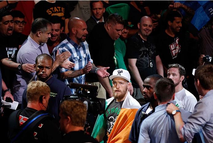 BOSTON, MA - AUGUST 17: Conor McGregor enters the arena before his UFC featherweight bout against Max Holloway at TD Garden on August 17, 2013 in Boston, Massachusetts. (Photo by Josh Hedges/Zuffa LLC/Zuffa LLC via Getty Images)