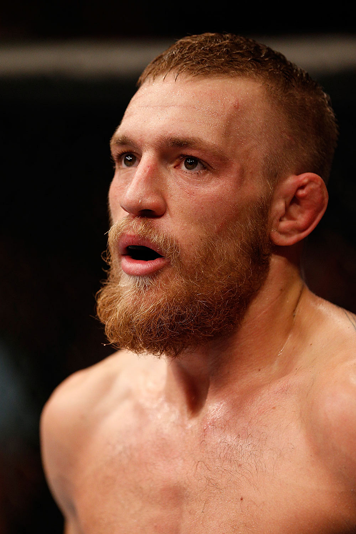 BOSTON, MA - AUGUST 17: Conor McGregor reacts after his victory over Max Holloway in their UFC featherweight bout at TD Garden on August 17, 2013 in Boston, Massachusetts. (Photo by Josh Hedges/Zuffa LLC/Zuffa LLC via Getty Images)