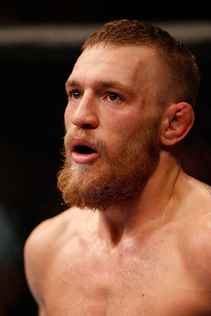 BOSTON, MA - AUGUST 17:  Conor McGregor reacts after his victory over Max Holloway in their UFC featherweight bout at TD Garden on August 17, 2013 in Boston, Massachusetts. (Photo by Josh Hedges/Zuffa LLC/Zuffa LLC via Getty Images)