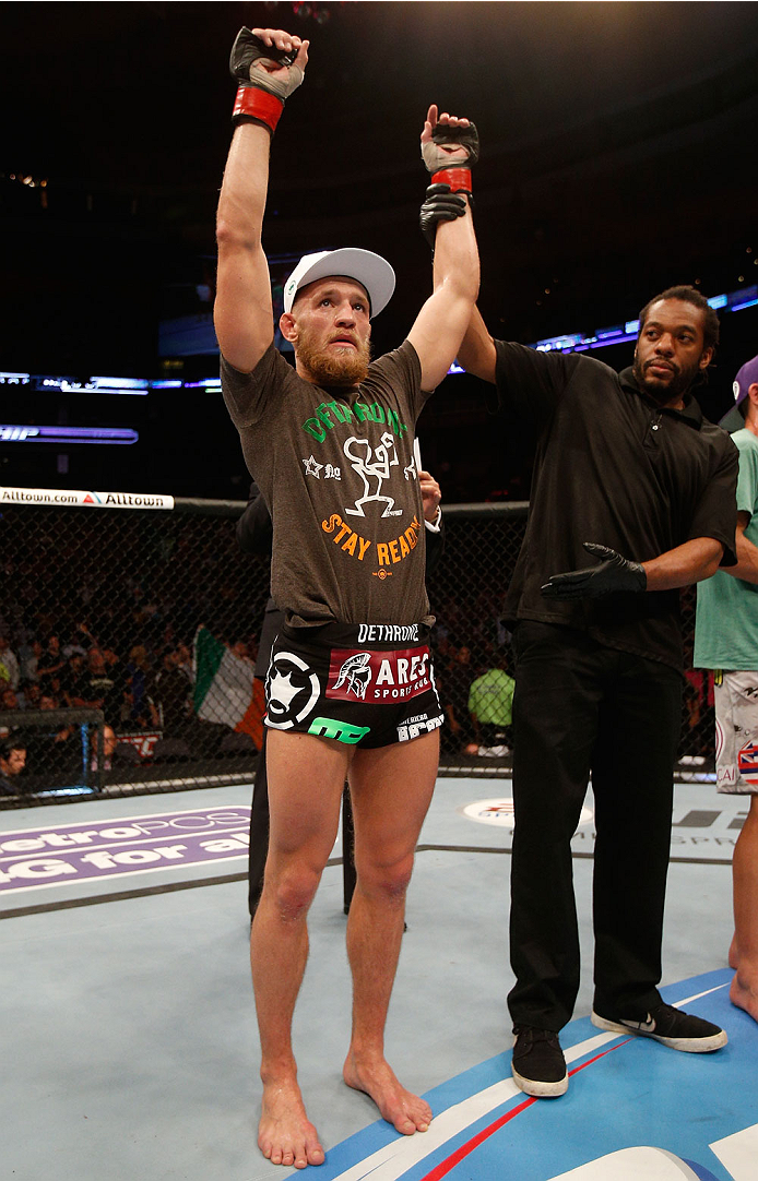 BOSTON, MA - AUGUST 17:  Conor McGregor reacts after his victory over Max Holloway in their UFC featherweight bout at TD Garden on August 17, 2013 in Boston, Massachusetts. (Photo by Josh Hedges/Zuffa LLC/Zuffa LLC via Getty Images)