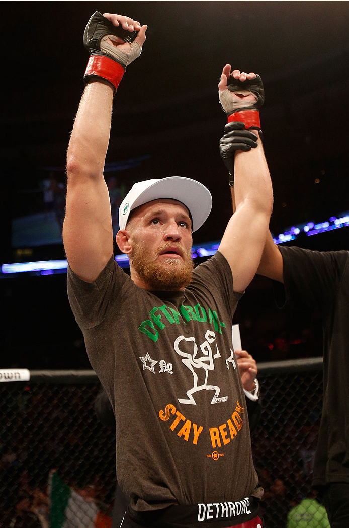 BOSTON, MA - AUGUST 17:  Conor McGregor reacts after his victory over Max Holloway in their UFC featherweight bout at TD Garden on August 17, 2013 in Boston, Massachusetts. (Photo by Josh Hedges/Zuffa LLC/Zuffa LLC via Getty Images)