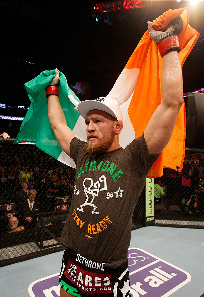 BOSTON, MA - AUGUST 17:  Conor McGregor reacts after his victory over Max Holloway in their UFC featherweight bout at TD Garden on August 17, 2013 in Boston, Massachusetts. (Photo by Josh Hedges/Zuffa LLC/Zuffa LLC via Getty Images)