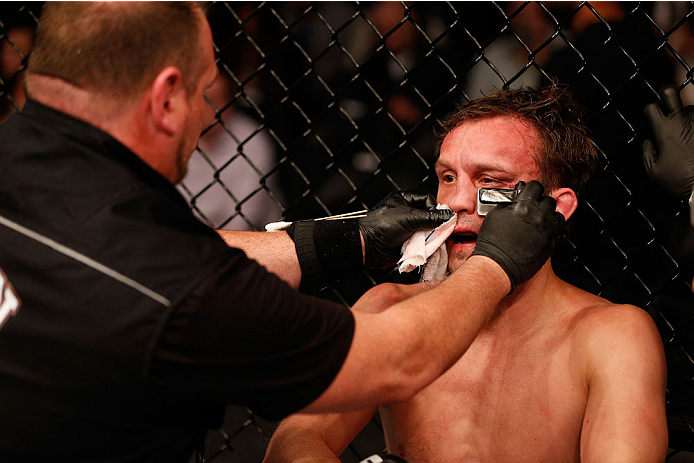 BOSTON, MA - AUGUST 17:  Brad Pickett reacts after his submission loss to Michael McDonald in their UFC bantamweight bout at TD Garden on August 17, 2013 in Boston, Massachusetts. (Photo by Josh Hedges/Zuffa LLC/Zuffa LLC via Getty Images)