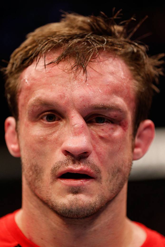 BOSTON, MA - AUGUST 17:  Brad Pickett reacts after his submission loss to Michael McDonald in their UFC bantamweight bout at TD Garden on August 17, 2013 in Boston, Massachusetts. (Photo by Josh Hedges/Zuffa LLC/Zuffa LLC via Getty Images)