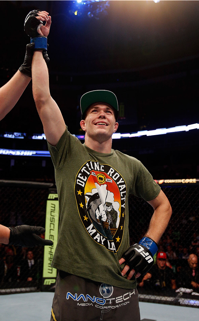 BOSTON, MA - AUGUST 17: Michael McDonald reacts after his submission victory over Brad Pickett in their UFC bantamweight bout at TD Garden on August 17, 2013 in Boston, Massachusetts. (Photo by Josh Hedges/Zuffa LLC/Zuffa LLC via Getty Images)