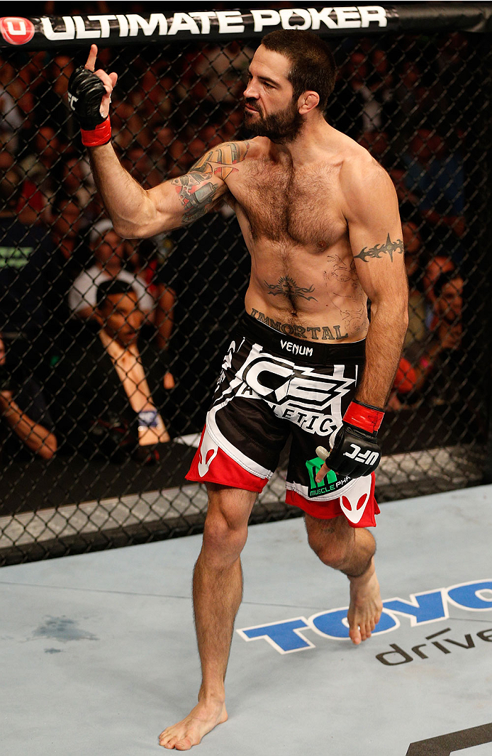 BOSTON, MA - AUGUST 17:  Matt Brown reacts after his knockout victory over Mike Pyle in their UFC welterweight bout at TD Garden on August 17, 2013 in Boston, Massachusetts. (Photo by Josh Hedges/Zuffa LLC/Zuffa LLC via Getty Images)