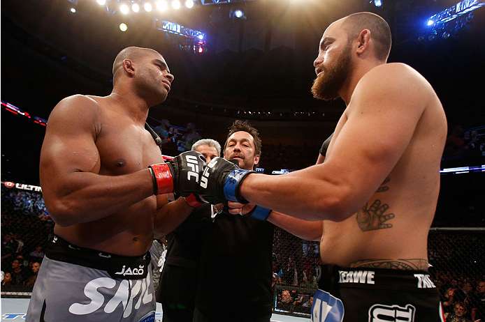 BOSTON, MA - AUGUST 17:  (L-R) Opponents Alistair Overeem and Travis Browne face off before their UFC heavyweight bout at TD Garden on August 17, 2013 in Boston, Massachusetts. (Photo by Josh Hedges/Zuffa LLC/Zuffa LLC via Getty Images)