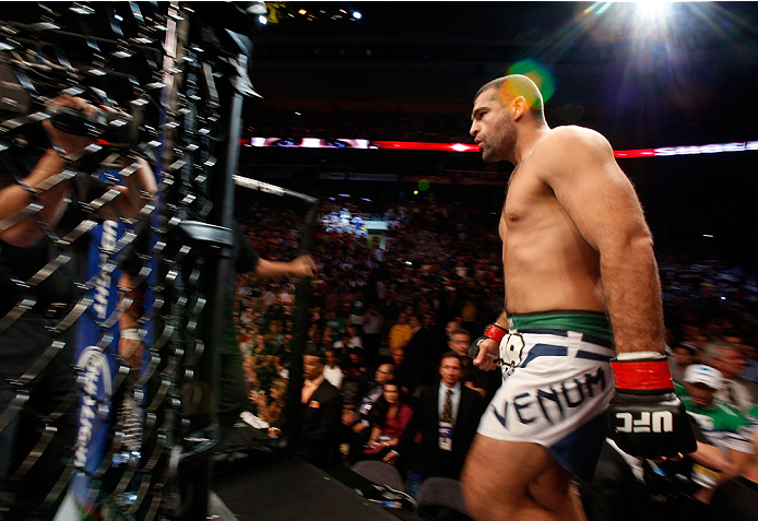 BOSTON, MA - AUGUST 17:  Mauricio "Shogun" Rua enters the Octagon before his UFC light heavyweight bout against Chael Sonnen at TD Garden on August 17, 2013 in Boston, Massachusetts. (Photo by Josh Hedges/Zuffa LLC/Zuffa LLC via Getty Images)