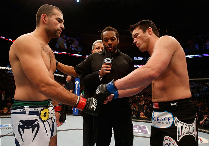 BOSTON, MA - AUGUST 17: (L-R) Opponents Mauricio "Shogun" Rua and Chael Sonnen face off before their UFC light heavyweight bout at TD Garden on August 17, 2013 in Boston, Massachusetts. (Photo by Josh Hedges/Zuffa LLC/Zuffa LLC via Getty Images)