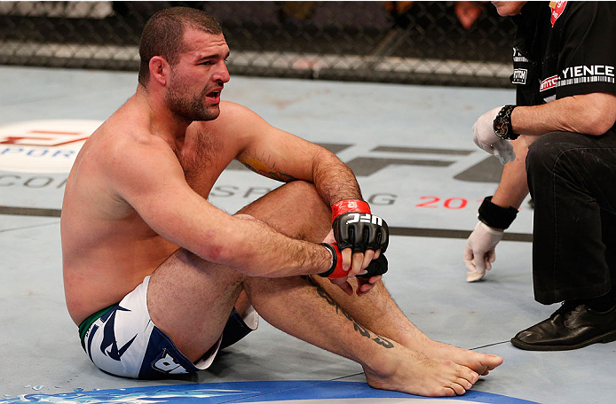 BOSTON, MA - AUGUST 17:  Mauricio "Shogun" Rua reacts after his submission loss to Chael Sonnen in their UFC light heavyweight bout at TD Garden on August 17, 2013 in Boston, Massachusetts. (Photo by Josh Hedges/Zuffa LLC/Zuffa LLC via Getty Images)