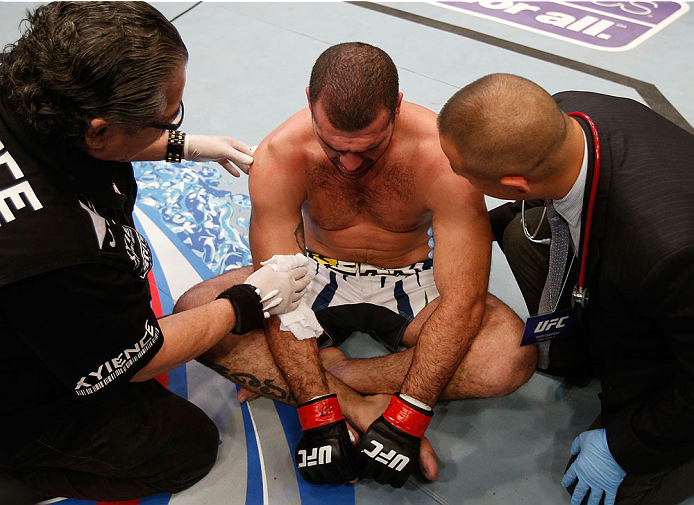 BOSTON, MA - AUGUST 17: Mauricio "Shogun" Rua reacts after his submission loss to Chael Sonnen in their UFC light heavyweight bout at TD Garden on August 17, 2013 in Boston, Massachusetts. (Photo by Josh Hedges/Zuffa LLC/Zuffa LLC via Getty Images)