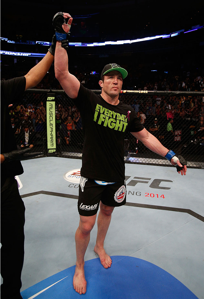 BOSTON, MA - AUGUST 17:  Chael Sonnen reacts after his submission victory over Mauricio "Shogun" Rua in their UFC light heavyweight bout at TD Garden on August 17, 2013 in Boston, Massachusetts. (Photo by Josh Hedges/Zuffa LLC/Zuffa LLC via Getty Images)