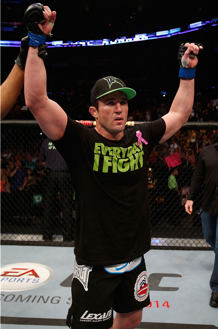 BOSTON, MA - AUGUST 17:  Chael Sonnen reacts after his submission victory over Mauricio "Shogun" Rua in their UFC light heavyweight bout at TD Garden on August 17, 2013 in Boston, Massachusetts. (Photo by Josh Hedges/Zuffa LLC/Zuffa LLC via Getty Images)