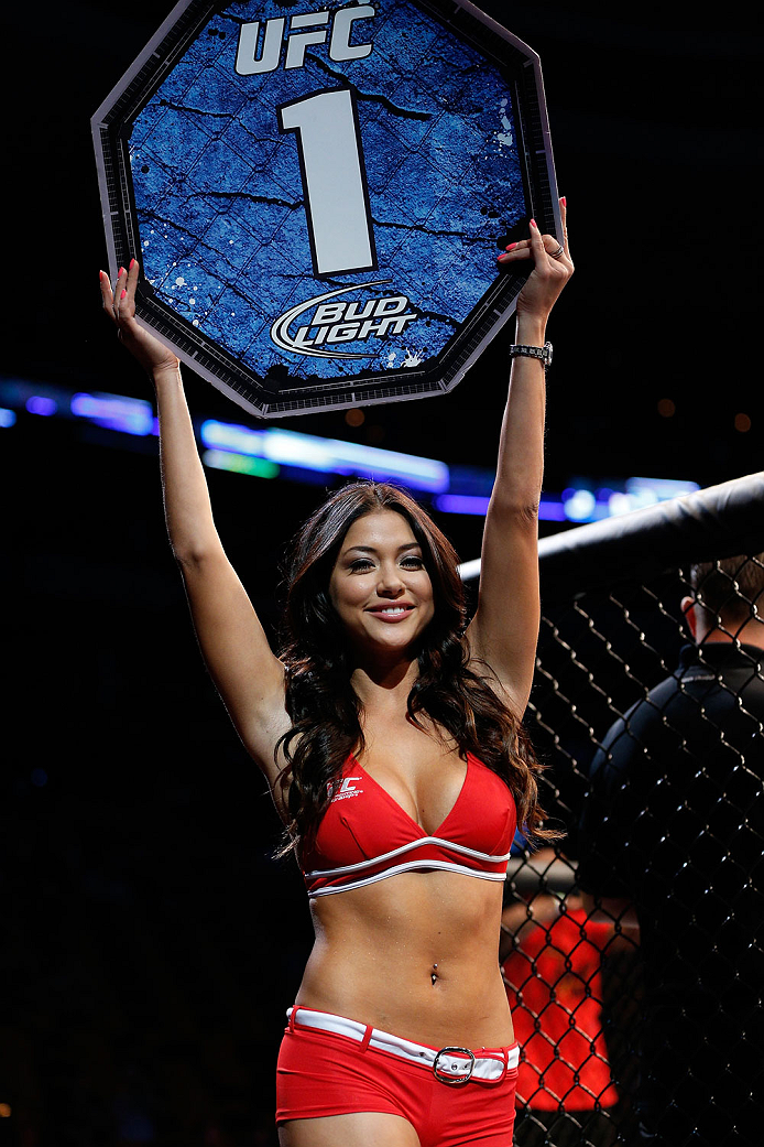 BOSTON, MA - AUGUST 17: UFC Octagon Girl Arianny Celeste introduces a round during the UFC event at TD Garden on August 17, 2013 in Boston, Massachusetts. (Photo by Josh Hedges/Zuffa LLC/Zuffa LLC via Getty Images)
