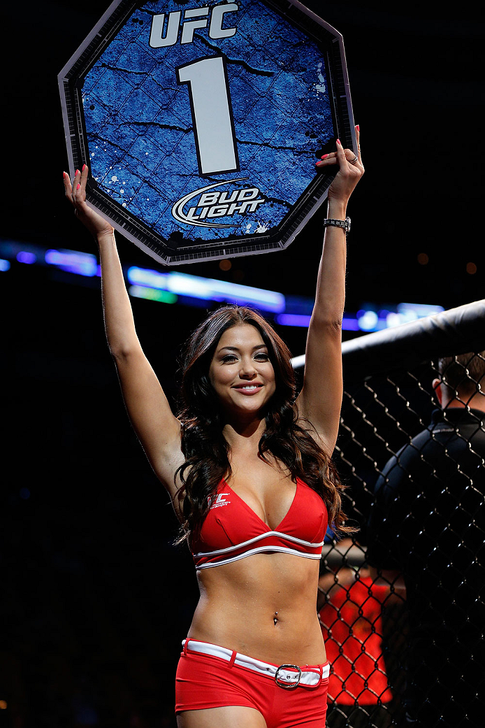 BOSTON, MA - AUGUST 17:  UFC Octagon Girl Arianny Celeste introduces a round during the UFC event at TD Garden on August 17, 2013 in Boston, Massachusetts. (Photo by Josh Hedges/Zuffa LLC/Zuffa LLC via Getty Images)