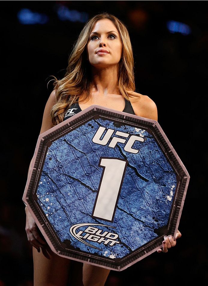 BOSTON, MA - AUGUST 17: UFC Octagon Girl Brittney Palmer introduces a round during the UFC on FOX Sports 1 event at TD Garden on August 17, 2013 in Boston, Massachusetts. (Photo by Josh Hedges/Zuffa LLC/Zuffa LLC via Getty Images)