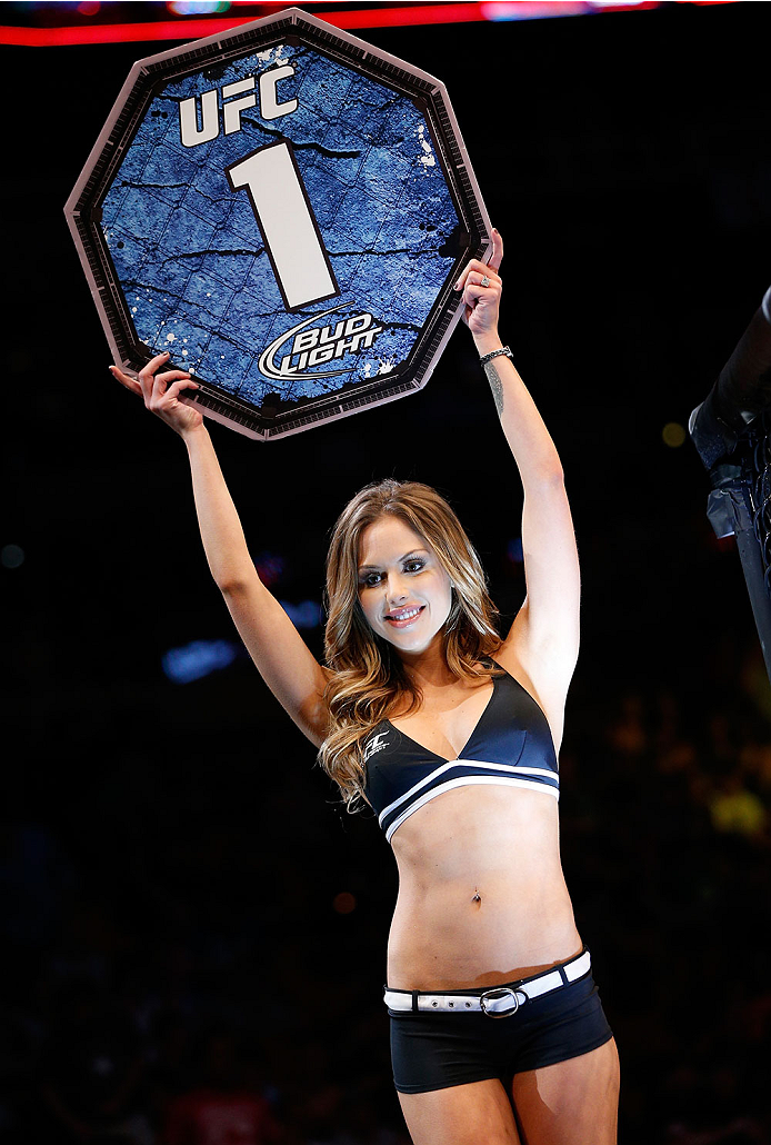 BOSTON, MA - AUGUST 17: UFC Octagon Girl Brittney Palmer introduces a round during the UFC on FOX Sports 1 event at TD Garden on August 17, 2013 in Boston, Massachusetts. (Photo by Josh Hedges/Zuffa LLC/Zuffa LLC via Getty Images)