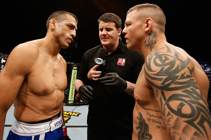 GOLD COAST, AUSTRALIA - DECEMBER 15:  (L-R) Opponents George Sotiropoulos and Ross Pearson face off before their lightweight fight at the UFC on FX event on December 15, 2012  at Gold Coast Convention and Exhibition Centre in Gold Coast, Australia.  (Phot