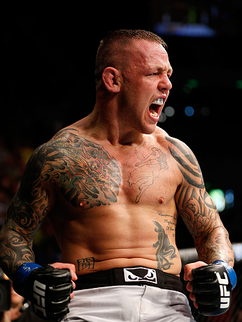 GOLD COAST, AUSTRALIA - DECEMBER 15:  Ross Pearson reacts after his knockout victory over George Sotiropoulos during their lightweight fight at the UFC on FX event on December 15, 2012  at Gold Coast Convention and Exhibition Centre in Gold Coast, Austral