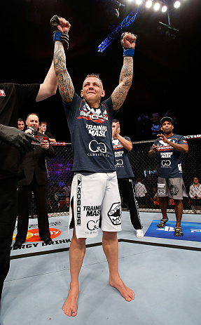 GOLD COAST, AUSTRALIA - DECEMBER 15:  Ross Pearson reacts after his knockout victory over George Sotiropoulos during their lightweight fight at the UFC on FX event on December 15, 2012  at Gold Coast Convention and Exhibition Centre in Gold Coast, Austral