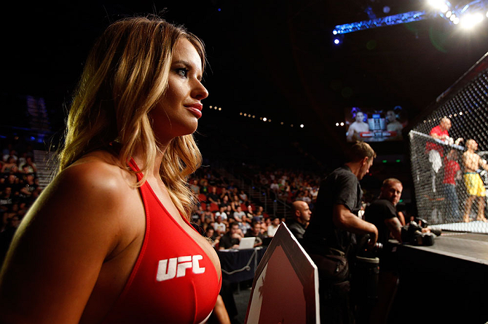 GOLD COAST, AUSTRALIA - DECEMBER 15:  UFC Octagon Girl Kahili Blundell prepares to introduce a round during the UFC on FX event on December 15, 2012  at Gold Coast Convention and Exhibition Centre in Gold Coast, Australia.  (Photo by Josh Hedges/Zuffa LLC