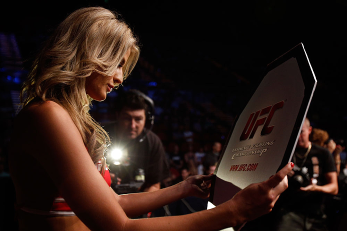 GOLD COAST, AUSTRALIA - DECEMBER 15:  UFC Octagon Girl Kristie McKeon introduces a round during the UFC on FX event on December 15, 2012  at Gold Coast Convention and Exhibition Centre in Gold Coast, Australia.  (Photo by Josh Hedges/Zuffa LLC/Zuffa LLC v