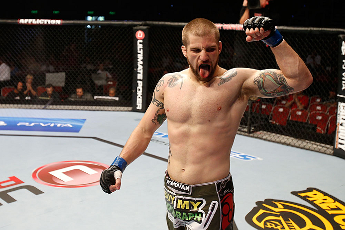 GOLD COAST, AUSTRALIA - DECEMBER 15:  Cody Donovan reacts after defeating Nick Penner during their light heavyweight fight at the UFC on FX event on December 15, 2012  at Gold Coast Convention and Exhibition Centre in Gold Coast, Australia.  (Photo by Jos