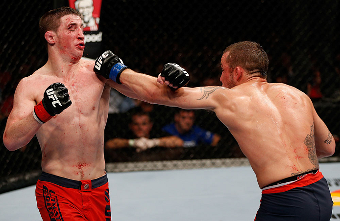 GOLD COAST, AUSTRALIA - DECEMBER 15:  (R-L) Mike Wilkinson punches Brendan Loughnane during their lightweight fight at the UFC on FX event on December 15, 2012  at Gold Coast Convention and Exhibition Centre in Gold Coast, Australia.  (Photo by Josh Hedge